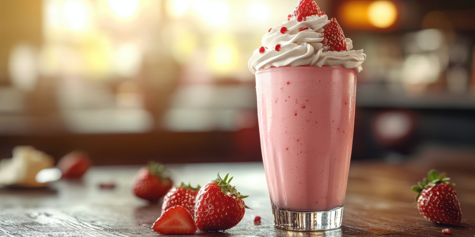Delicious strawberry milkshake topped with whipped cream and berries in a cozy cafe setting